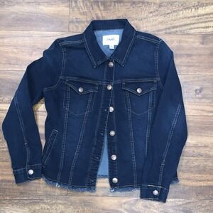 Angels Button Up Denim Jacket M Collared Button Frayed Long Sleeve Stretch Denim